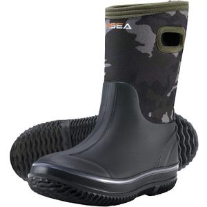 HISEA Kids Rain Boots for Boys Girls, Waterproof Insulated Rubber Neoprene Boots, Seamless Outdoor Rainboot with Handles All Weather Mud Boots for Rain, Water, Snow and Winter (Little Kid/Big Kid) (Green Camo)