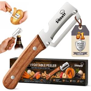 2-in-1 Multifunctional Vegetable Peeler with Bottle Opener, Wide Stainless Steel Blade and Non-Slip Wooden Handle, Kitchen Peeler for Potato, Apple, Pumpkin, Fruit and Vegetables
