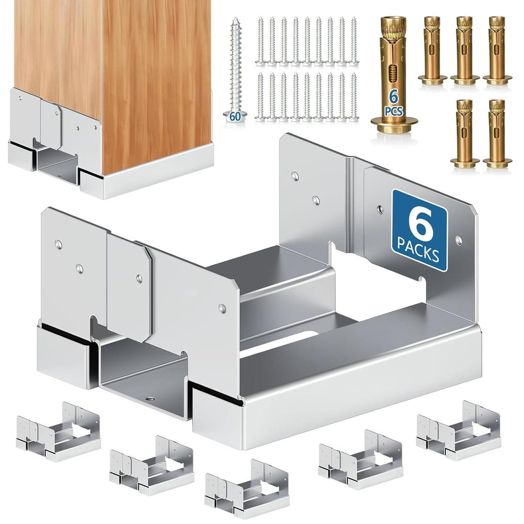 6x6 Galvanized Post Base for Concrete, 6 Pack Post Deck Base Anchor for 5.5x5.5 Wood, Post Base Holder with 1" Standoff for Deck Gazebo Pergola Porch, Includes 6 Fastener & 60 Screws