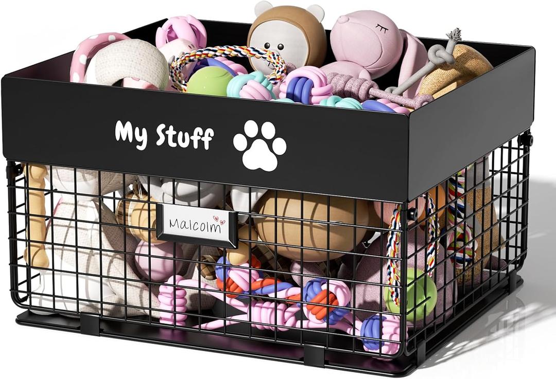 qeerable Dog Toy Basket - Metal Large Dog Toy Box for Small Dog - Dog Toy Storage Bin for Pet - Personalized Large Dog Toy Basket for Puppy and Pet- Dog Toy Organizer Holder Boxes for Living Room (black)