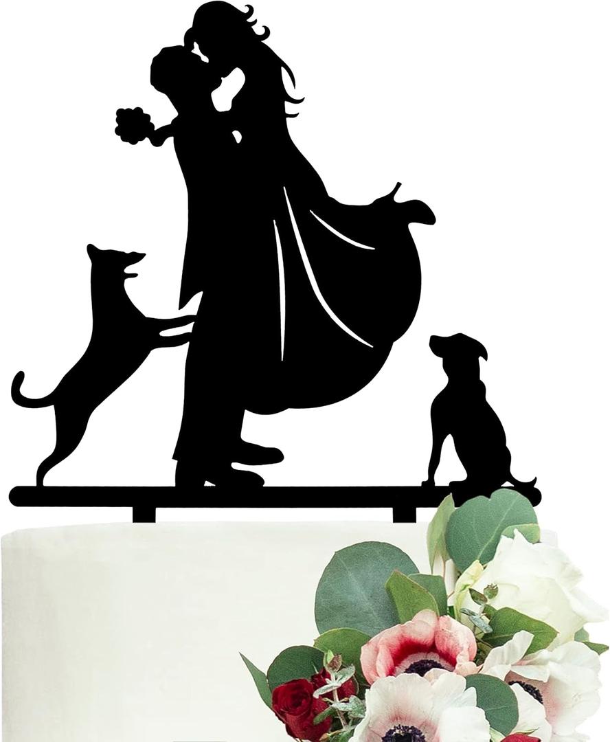 LOVENJOY Dogs Wedding Cake Topper Bride Groom with 2 Dogs Black, Gift Boxed