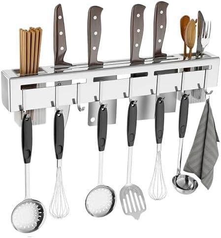 Knife Holder, Stainless Steel Knives Holder with 8 Hooks, No Punching kitchen Wall Mounted Multifunctional Chopsticks & Knife Holder for Storing Chopsticks, Knives & Rags in Home/Hotel