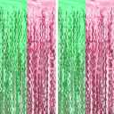 Cyxevous Green Pink Tinsel Curtains, Wavy Foil Fringe Curtain Photo Booth Foil Curtain Backdrop Green Pink Theme Birthday Party Backdrop 2 Pcs 3.2 inch  6.6 inch