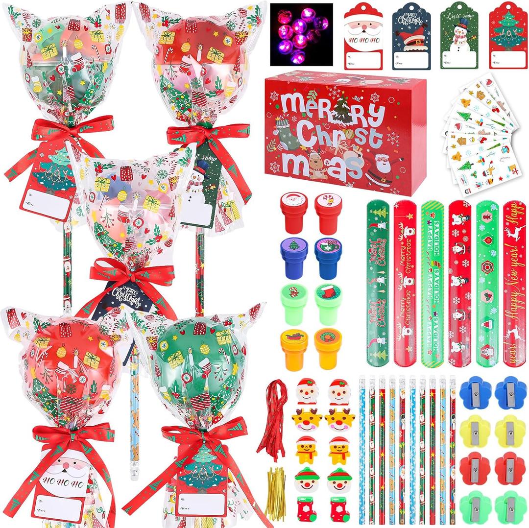 BESARME 24 Sets Christmas Classroom Gifts for Kids, Christmas Party Favors Lollipop-Shaped Stationery Set with Gift Tags Pencils Stickers Erasers for Classroom 8+ years old