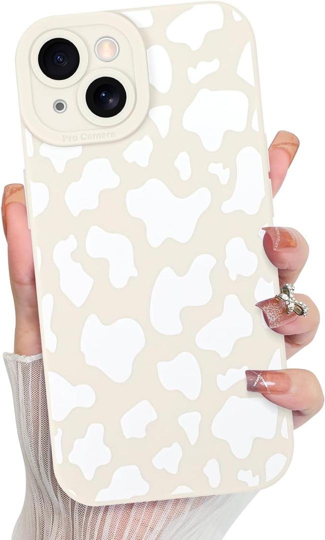 KANGHAR Compatible with iPhone 14 Case, Silicone Cow Print Cute Pattern, Camera Protection Soft Slim Phone Cover for Girls Women -White