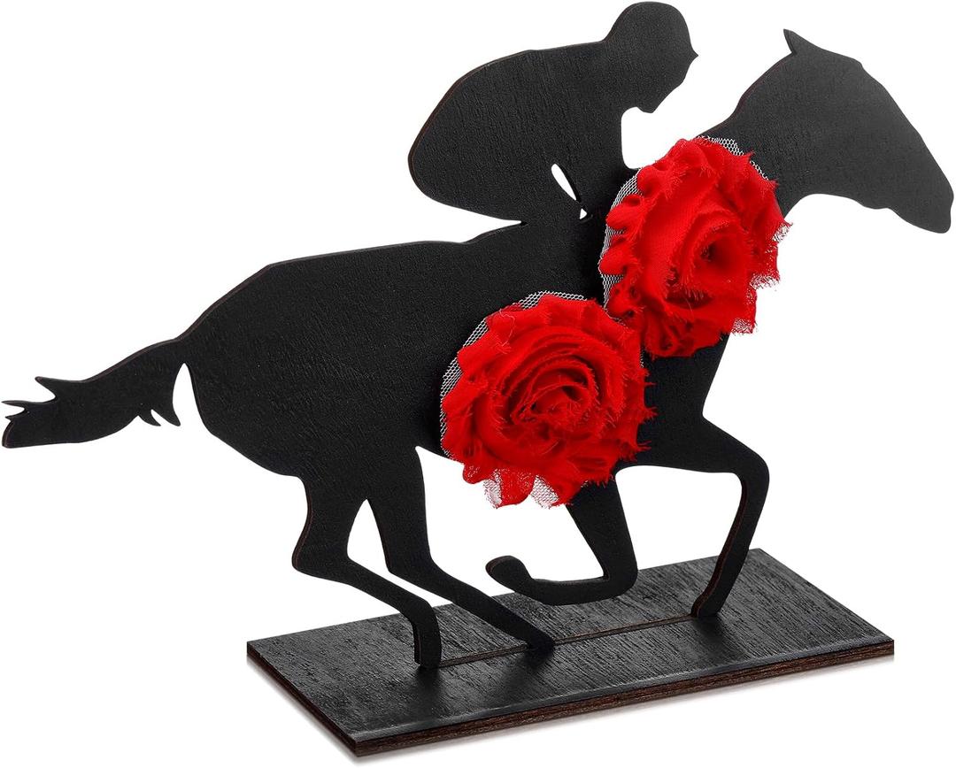 Amyhill Derby Horse Decorations - Wooden Horse Racing Table Centerpieces with Red Roses, Derby Party Supplies, Horseman Racing Signs for Tiered Tray & Racehorse Themed Table Decor (Vivid) 2 pcs 