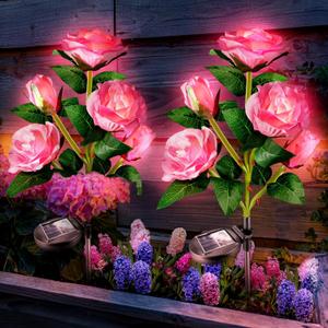 Anordsem Solar Garden Lights Outdoor: 10 Waterproof Fabric Roses 2 Pack - Pink LED Flower Decorations for Yard Patio Path Cemetery Grave - Mother's Day Gifts for Her Women Mom Wife