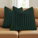 FUTEI Pack of 2 Solid Faux Fur Plush Throw Pillow Covers 18x18 Inch Soft Fluffy Striped Decorative Cushion Cases Modern Farmhouse Accent for Couch Bed Living Room, Dark Green