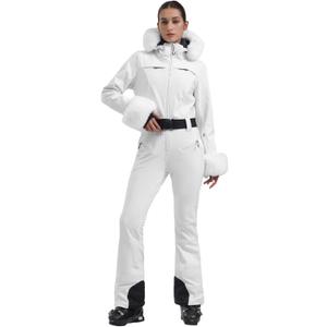 GSOU SNOW Womens Ski Suit One Piece Snowsuit Snowboard Jacket Slim Snow Jumpsuit Faux Fur Ski Outfit Waterproof (Medium, White)