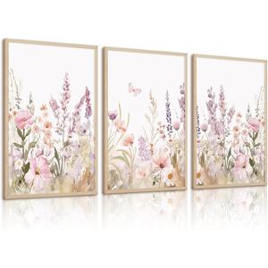 Nursery Girl Floral Wall Art Watercolor Wildflower Canvas Wall Decor Purple Pink Flower Pictures Nursery Floral Art Prints Girl Room Wildflower Poster for Bedroom Bathroom 12x16 Inch Unframed Set of 3 (Purple Bouquets Art)