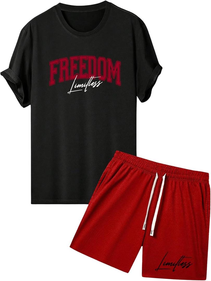 GORGLITTER Men's 2 Piece Outfits Letter Print Crewneck Short Sleeve T-Shirt and Shorts Set (Red and Black)