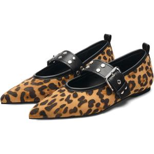 Studs Buckle Strap Ballet Flats Shoes for Women Pointed Toe Ballerina Shoes Mary Jane Flats Comfortable Casual Date Work Driving Dress Shoes (7, Leopard)