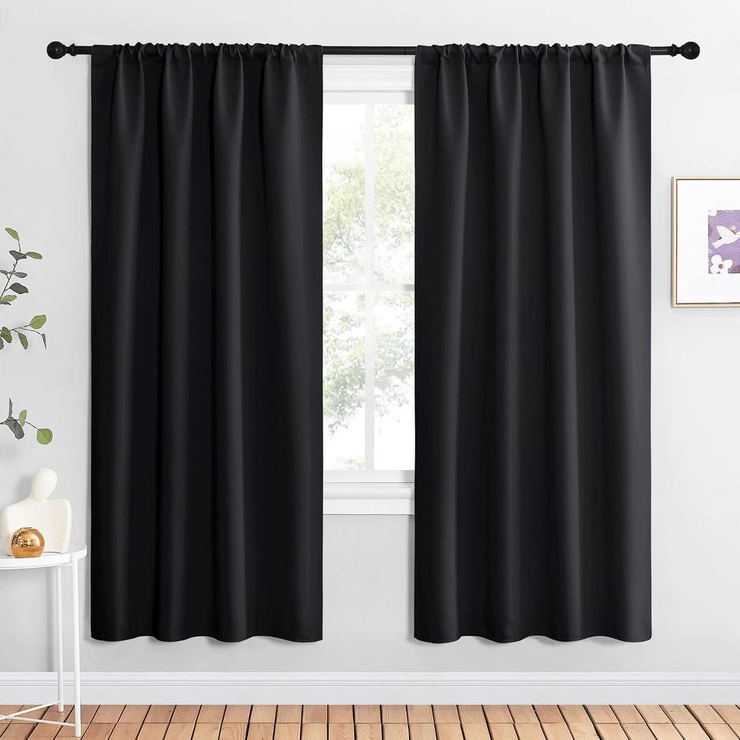 NICETOWN Living Room Blackout Shades - All Season Rod Pocket Thermal Insulated Solid Blackout Curtains/Drapes for Living Room (Set of 2, 42 inches by 72 Inch, Black)