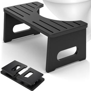 Foldable Toilet Stool, Bamboo Toilet Stool Squat Adults, 7 Inches Poop Stool for Bathroom, Collapsible Potty Step Stool with Non-Slip Strip, Space-Saving, No Assembly (Black)