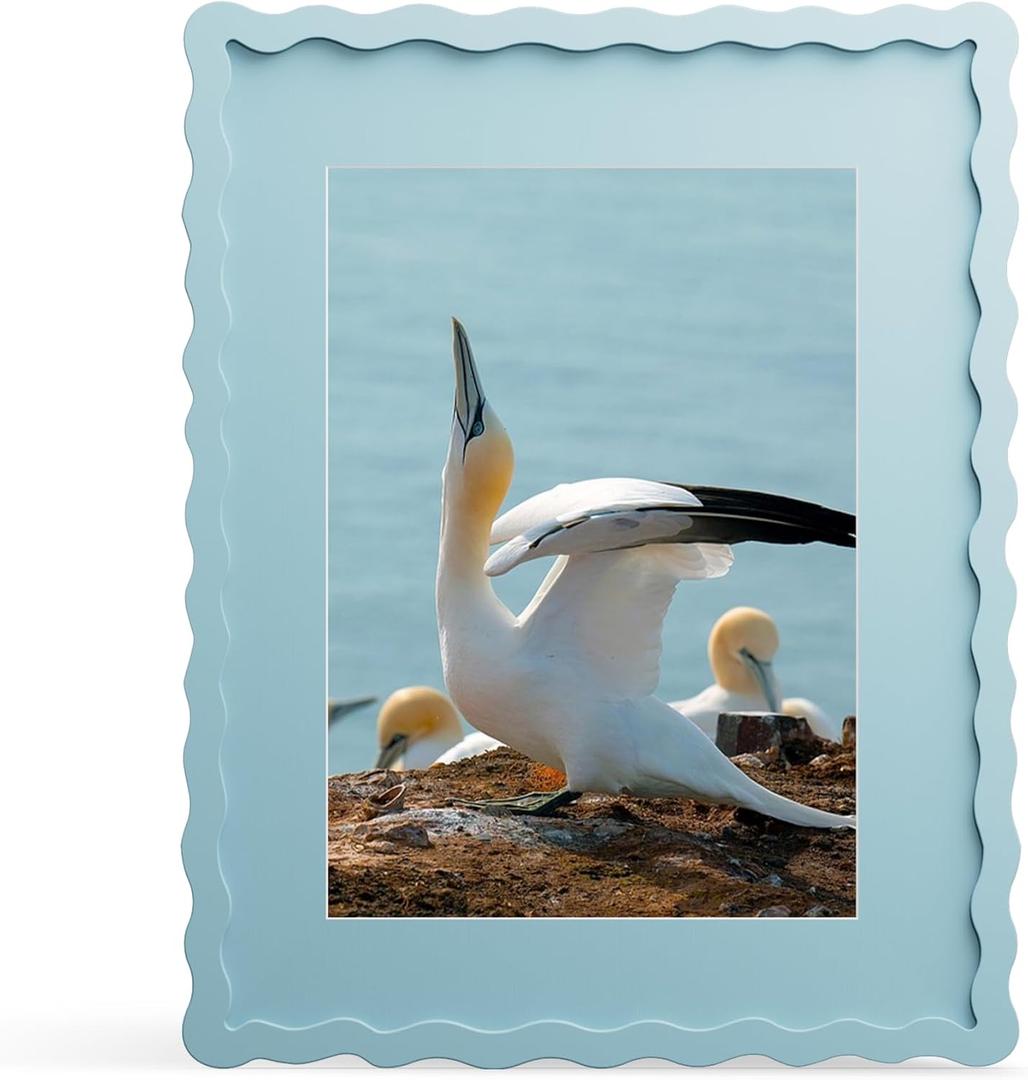 11x14 Picture Frame with Mat for 8x10, Wavy Edge Wooden Real Glass Photo Frame for Wall Hanging, Blue, 1 Pack