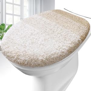 OLANLY Soft Microfiber Bathroom Toilet Lid Cover, Machine Washable Covers, 17.5x15, Stays in Place Rubber Backing, Fits Most Round, Elongated and Oblong Lids, Accessories Decor, Beige