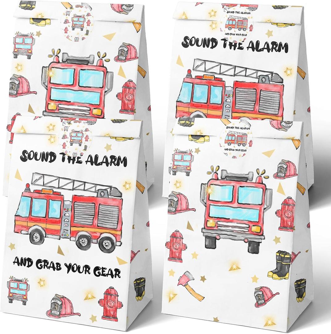 Watercolor Firetruck Party Favor Bags - 24 Pcs Firetruck Party Candy Bags with Stickers - Firetruck Goodie Gift Treat Bags - Watercolor Firetruck Themed Birthday Party Supplies