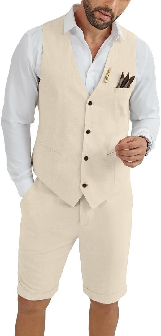 Mens Linen Suit 2 Piece Short Suits for Men Casual Summer Beach Groom Wedding Suit Linen Vest Shorts Set (4X-Large, Champagne)