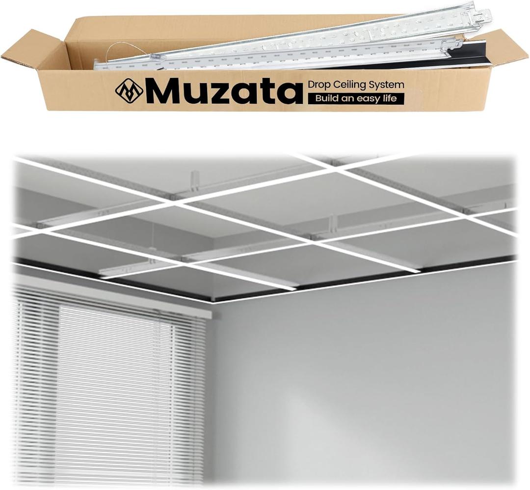 Muzata 64 Sq Ft Drop Ceiling Gird System White Complete Set Galvanized Steel Grid Kit Easy Installation for Basement Living Room Kitchen Bathroom Ceiling, TS04