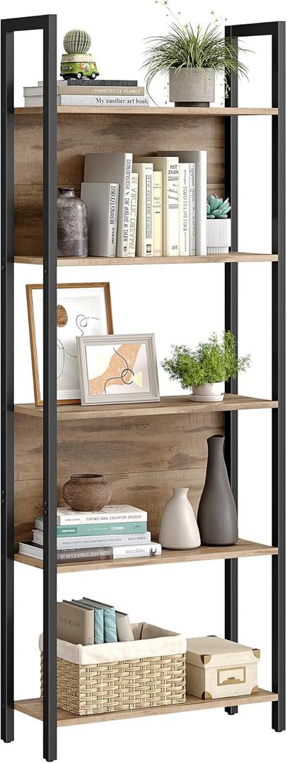 VASAGLE 5-Tier Bookshelf, Book Shelf, Industrial Bookcase, with Steel Frame, for Living Room, Home Office, Bedroom, 9.4 x 24.4 x 65 Inches, Camel Brown and Black ULLS025B50