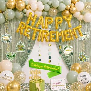 Sage Green & Gold Retirement Decorations Happy Retirement Banner, Balloons, Cake Topper, Fringe Curtains & Hanging Swirls All-in-One Retirement Party Supplies Kit for Men & Women