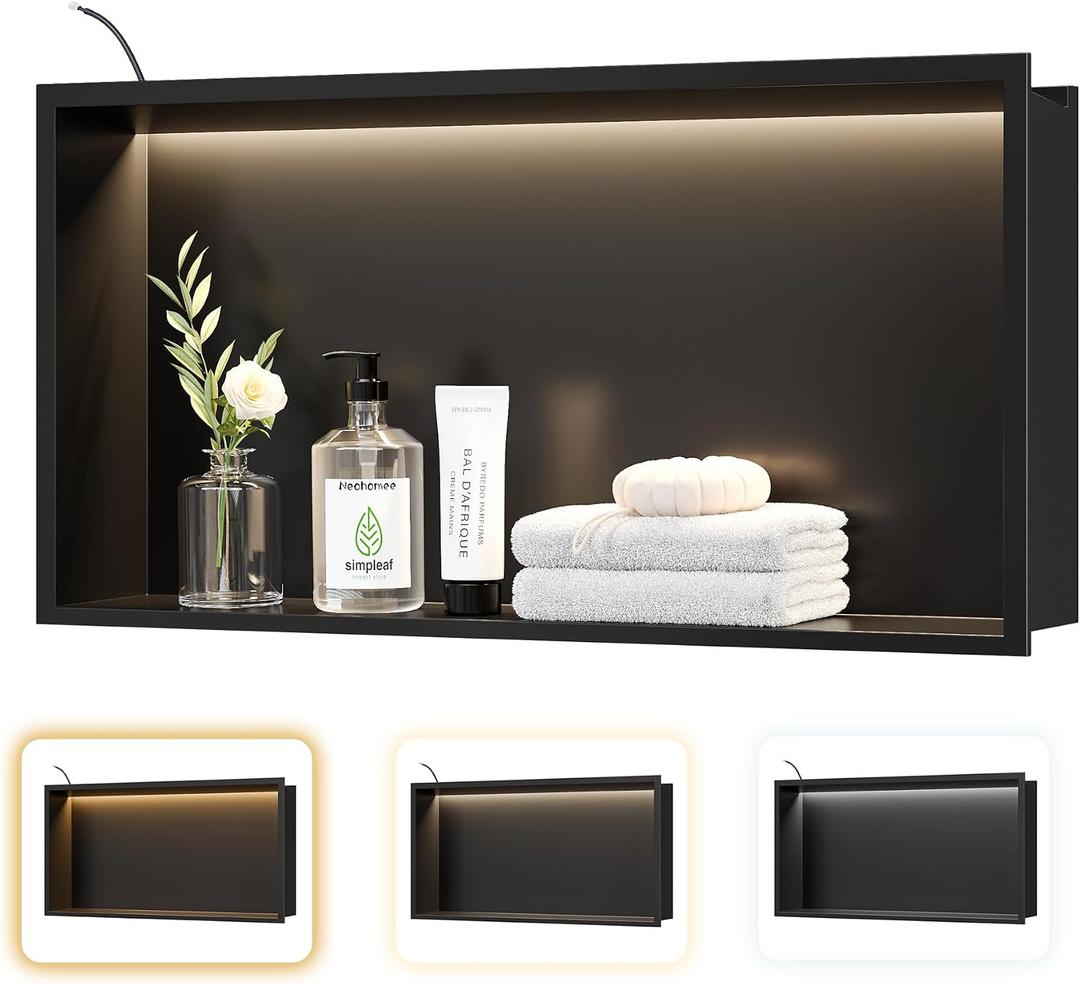 Matte Black LED Shower Niche,24"X12" Bathroom Wall Niche,with 3-Color COB LED Strip Light Stainless Steel Recessed Wall Cabinet,Waterproof No Tile Need for Shower Storage, 24x12in