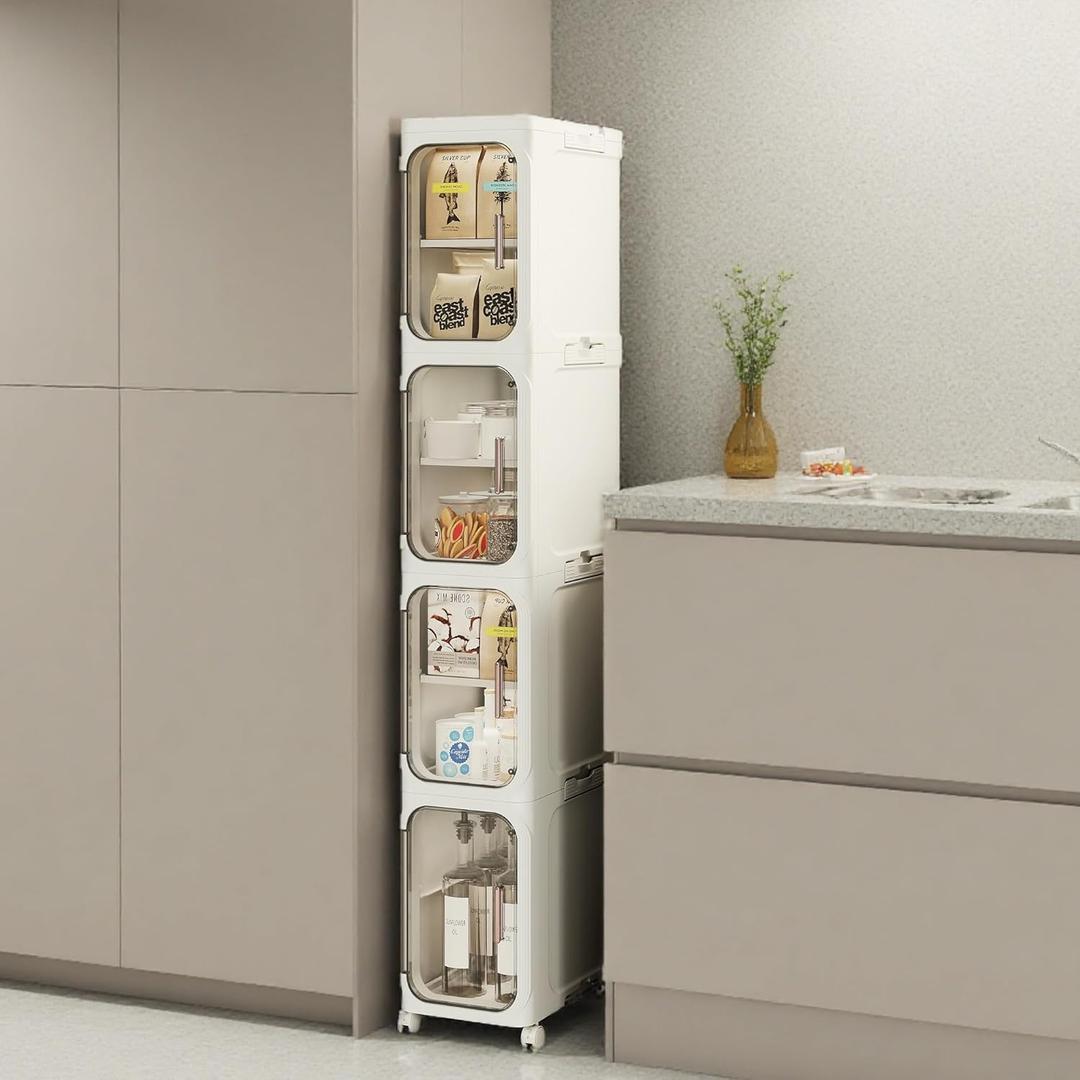 Narrow Bathroom Storage Cabinet with Wheels, 4-Tier Plastic Slim Organizer with Adjustable Shelves for Small Spaces,Bathroom, Kitchen, Laundry,Milky White