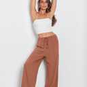 ANRABESS Womens Linen Palazzo Pants Summer Flowy Wide Leg Drawstring Casual Trousers with Pockets Beach Vacation Outfits Large Rust (Orange, L)