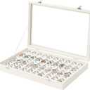 Coward Ring Organizer Jewelry Box, Beige Velvet 100 Slots Ring Display Tray Case with Transparent Glass Lid for Home Use or Store Selling Show