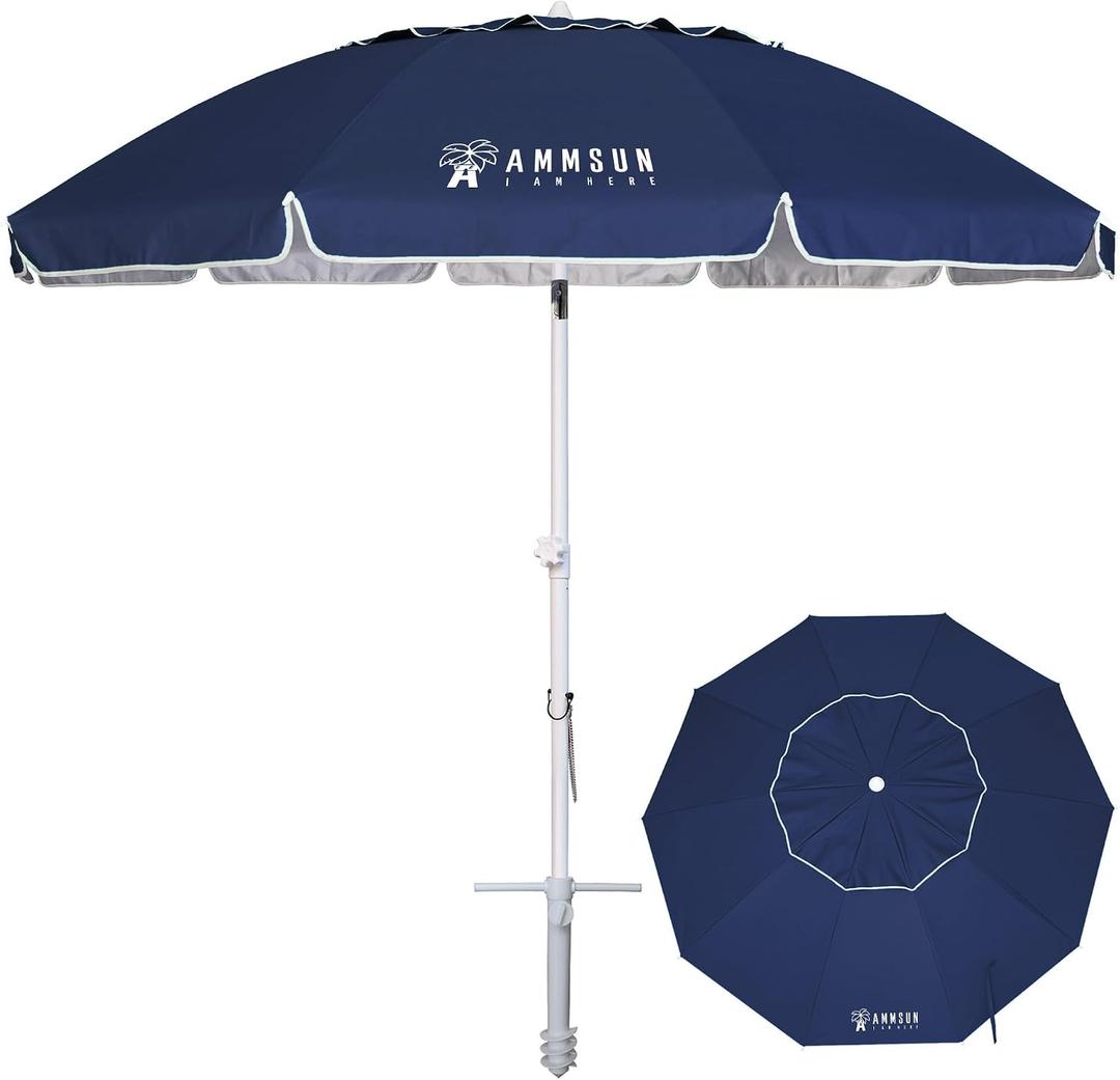 AMMSUN 8 Feet Large Beach Umbrella with Sand Anchor Heavy Duty High Wind Portable Outdoor Umbrellas UV 50+ Protection Air Vent Tilt Patio Garden Pool