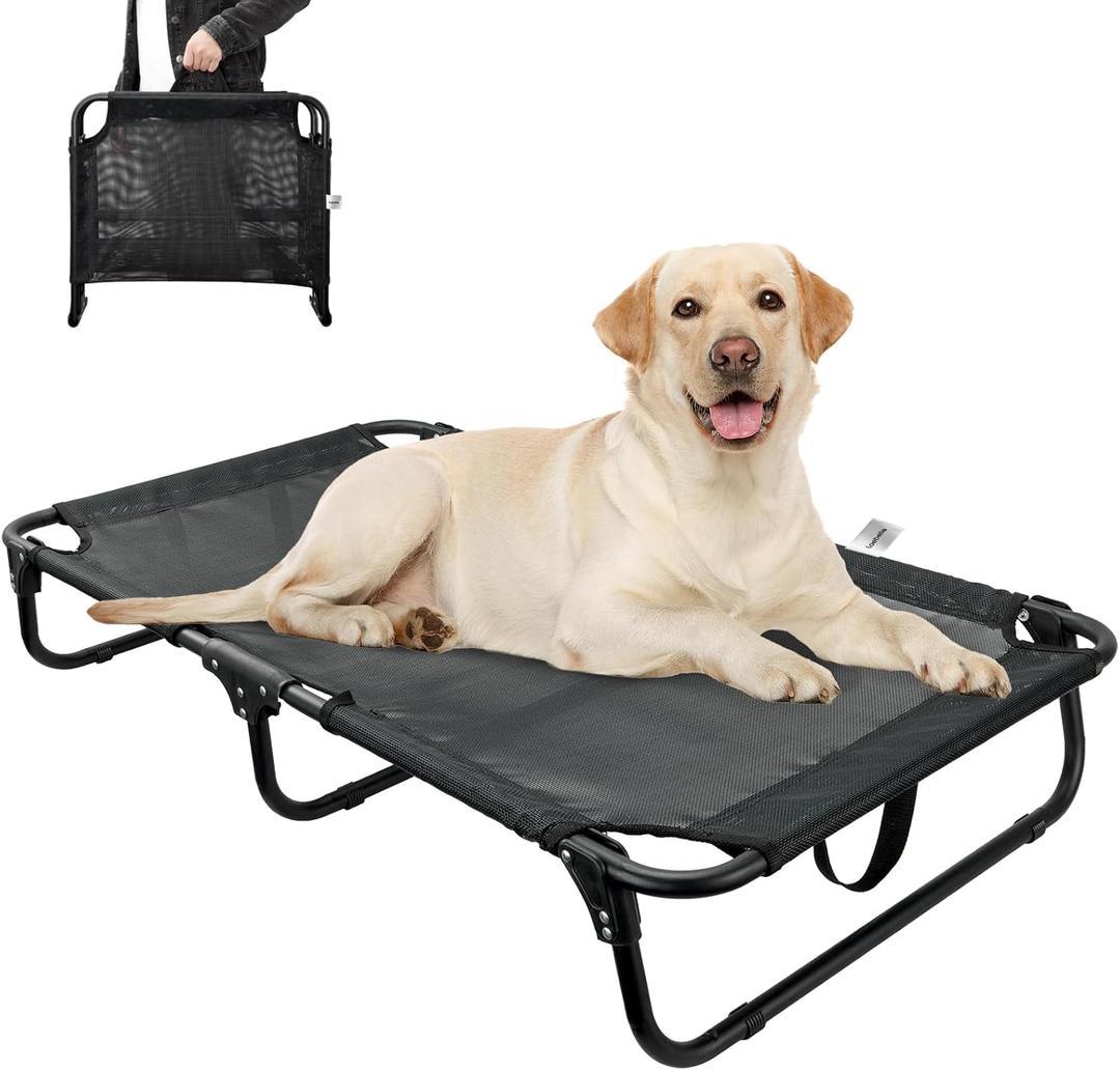 Foldable Elevated Dog Bed for Large Pet, No-Assembly-Need Folding Raised Dog Bed, Waterproof Outdoor Dogs Cot Cooling Pet Hammock Beds with Breathable Mesh, Chew-Proof, Black (43"L x 7"W x 23"H)