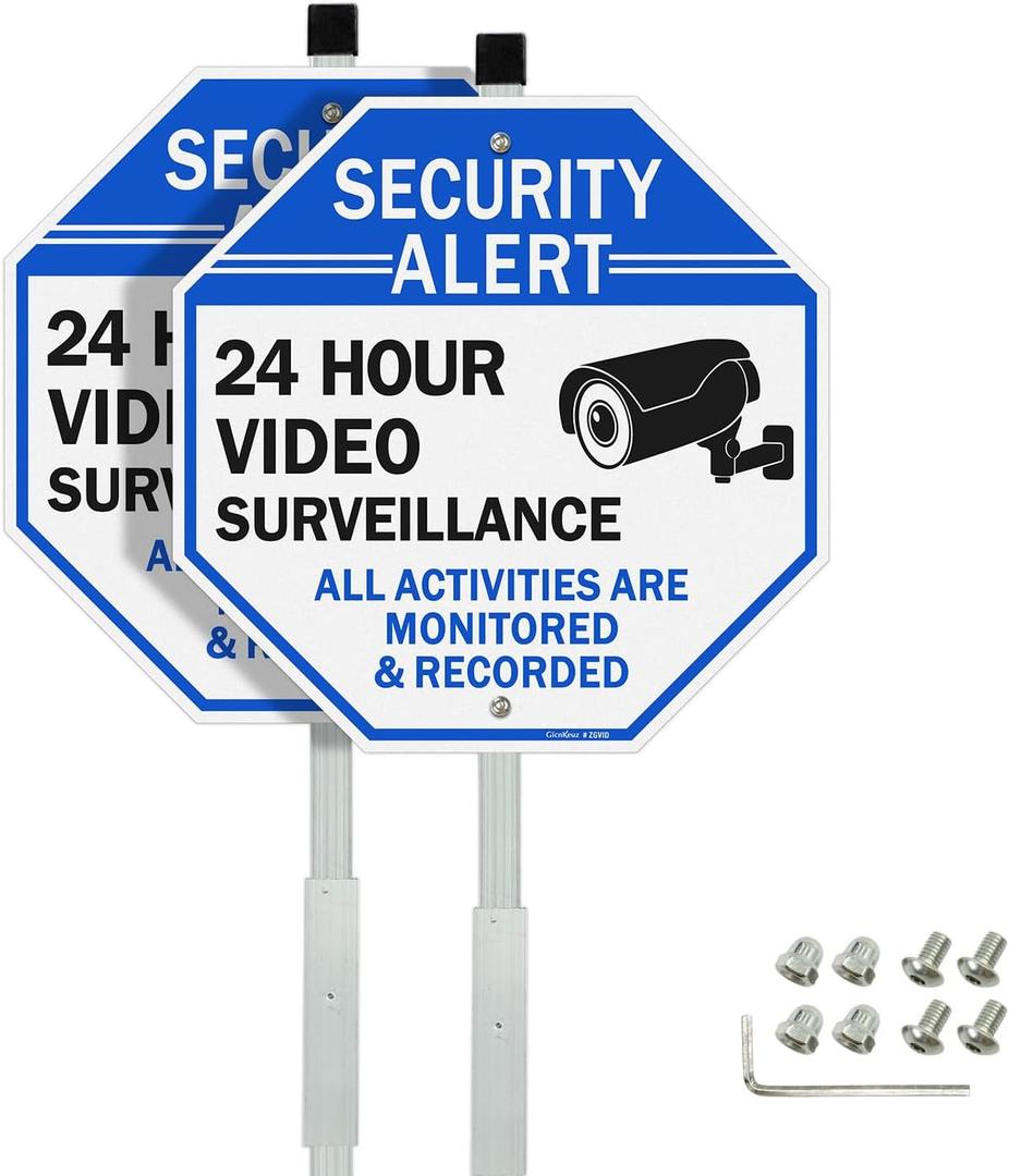 GicnKeuz Video Surveillance Sign with 28" Stake for Outside, 10"x10" Security Sign - Rust Free Heavy Reflective Aluminum, Fade Resistant/Waterproof, Including Screws, Easy to Install, Outdoor Use (2 PACK)