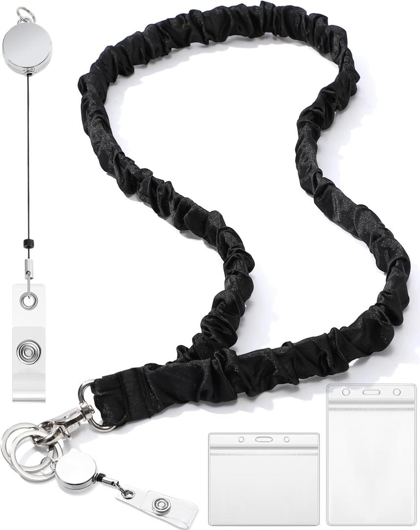 Stretchy Scrunchie Lanyard for Teacher ID Badges Keys with Retractable Badge Reel Clip Horizontal Vertical Waterproof ID Card Holders Set Cute Black Neck Lanyard for Women Nurse Cruise Ship
