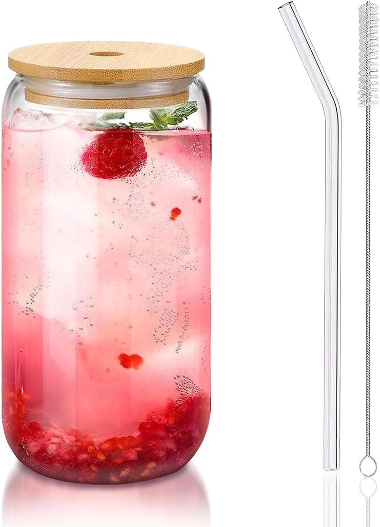 DAMCONME Glass Cups with Lids and Straws 1Pack, Glass Coffee Cups, Glass Cup with Lid for Iced Coffee, Smoothie, Cocktail, Beer, Whiskey, Soda, Matcha, 16 Oz Glass Cup with Bamboo Lid, 1 Brush