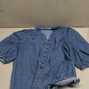 Women's Vintage Denim Shirt, V Neck 3/4 Lantern Sleeve Blouse, Casual Button Down Jean Top (M)