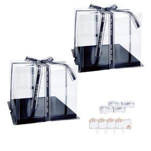 Thxutm Clear Cake Box, 2 Pcs Transparent Cake Carrier Box with Lids, 6'' PET Packaging Boxes with Ribbon Gift Card for Pastries, Clear Gift Boxes for Birthday, Wedding and Festival Party, Black.