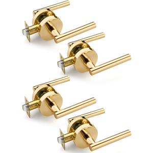 4 Pack Gold Door Knobs Interior, Polished Brass Privacy Door Handles, Keyless Bedroom Door Knobs, Bathroom Door Handle, Reversible Door Lever for Left/Right Side Door, Modern Round Design