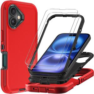 for iPhone 16 Case Tempered Glass Screen Protector, Military Grade 3 in 1 Heavy Duty Shockproof/Drop Proof/Dust Proof Case RED
