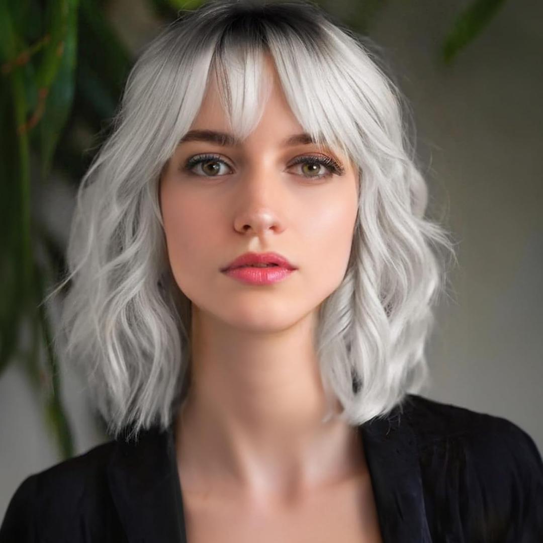 MINLEE Silver Gray Wig with Bangs for Women 14 Inch Short Bob Wavy Curly Wig Gray Hair Wigs Heat Resistant Synthetic Wigs