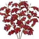 3Pcs Artificial Oak Leaves Branches Fake Fall Leaves Stems Plants Shiny Faux Oak Leaf Bushes Shrubs for Home Kitchen Decor Autumn Thanksgiving Fireplace Festival Party Decorations Red