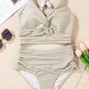 Herseas Women's Textured Bikini Sets Twist Front Top Swimsuits High Waisted Bathing Suits (Beige, L)