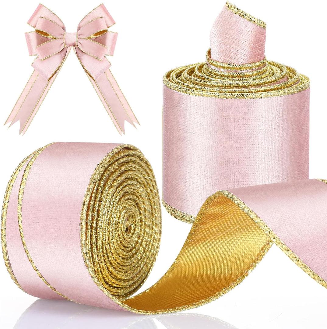Riceshoot 2 Rolls St. Patrick's Day Velvet Wired Ribbon 1.5, 2.5 Inch Wide Velvet Ribbon with Edge for Wedding Decoration Gift Wrap Bow DIY Decoration, Total 20 Yards(Pink Gold)