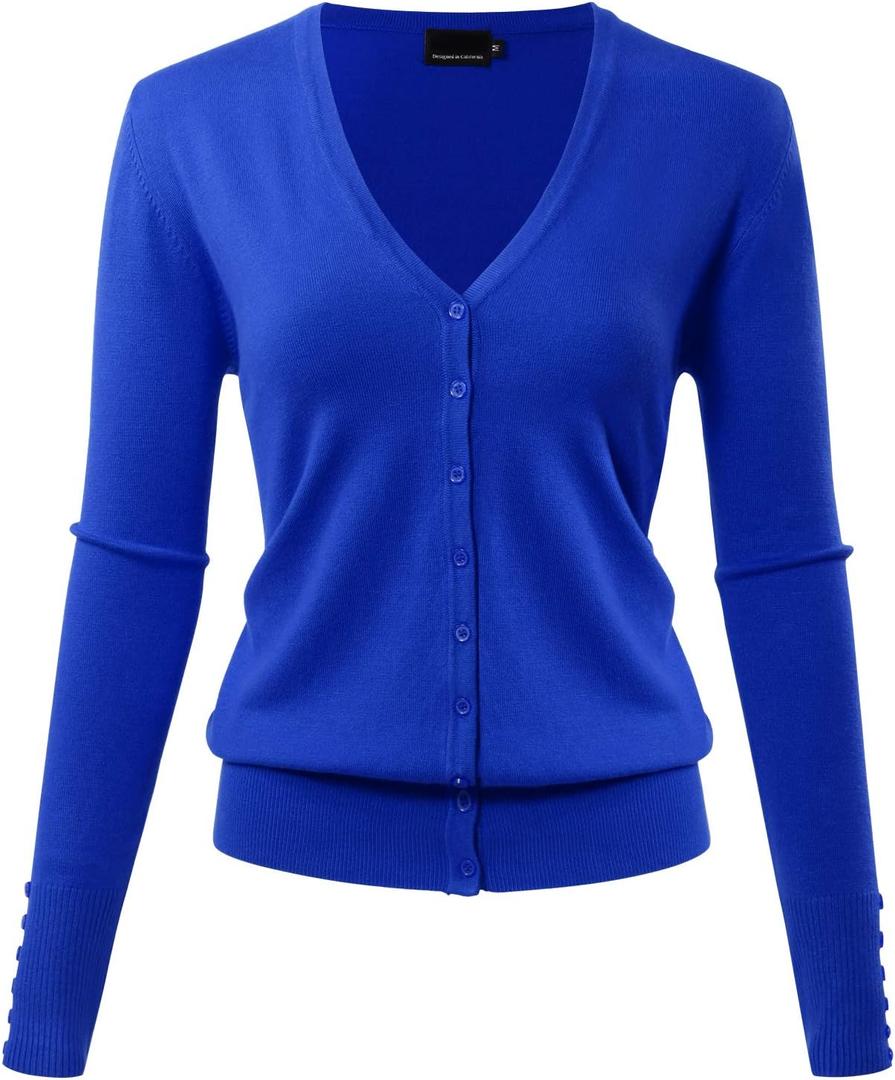 Allsense Women's Long Sleeve Lightweight Button Down Soft Solid Knit V-Neck Cardigan Sweater, Royal Blue, Small