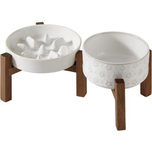 Ceramic 1.2 Cup Raised Slow Feeder Dog Bowl Set, Elevated 6.1inch Bowl and 7.3inch Slow Feeder Dish with Acacia Wood Stand for Small and Medium Dogs (2 x Reactived Glaze -White+ Stand)