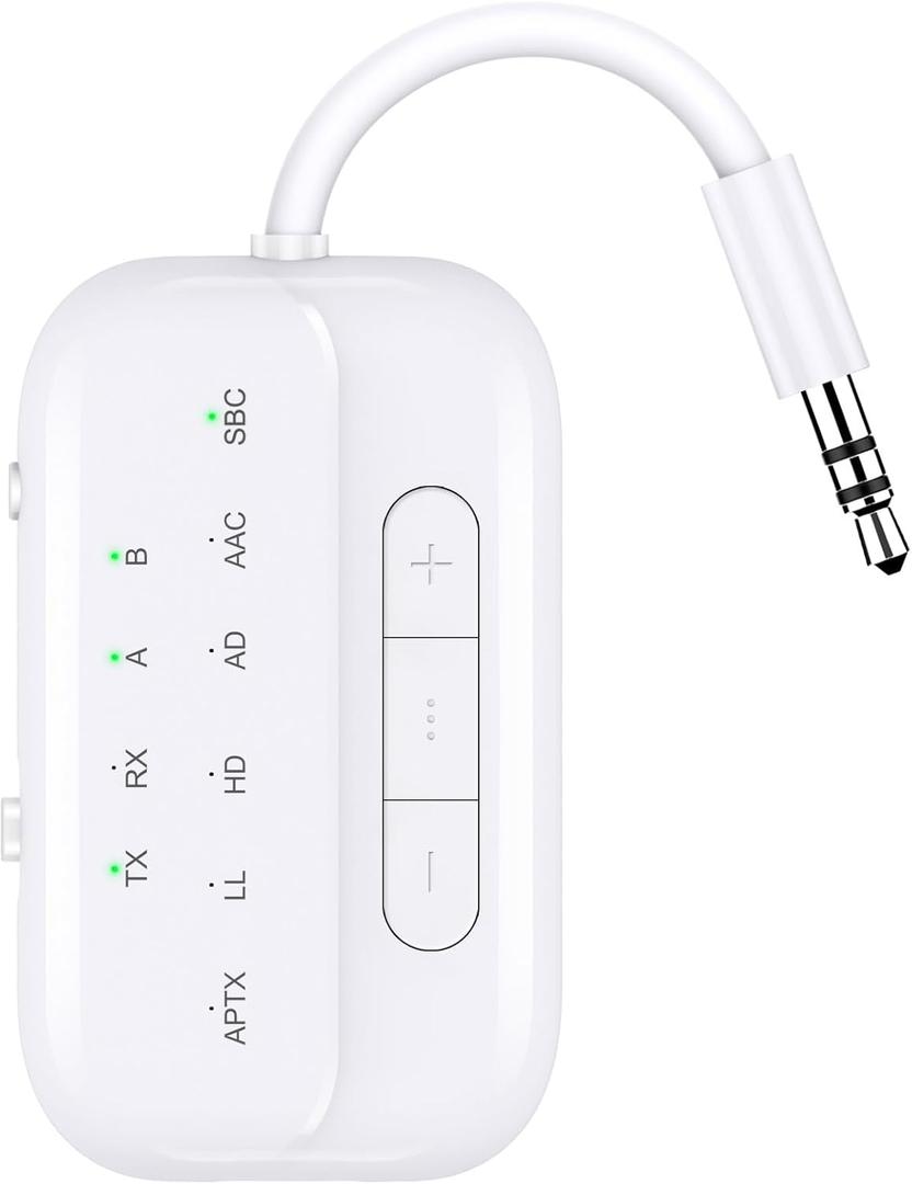 Bluetooth Transmitter Receiver, 2-in-1 V5.3 Wireless Adapter for Airplane, TV, PC, Gym, Switch. Supports up to 2 AirPods/Headphones. Audio Receiver for Car/Home Stereo,with AptX Low Latency & HD