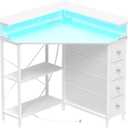 Corner Desk with Drawers Shelves for Small Space 90 Degrees Triangle Computer Desk with Power Outlets, Gaming Desk with LED Lights Monitor Stand for Home Office Workstation Writing Table (White)