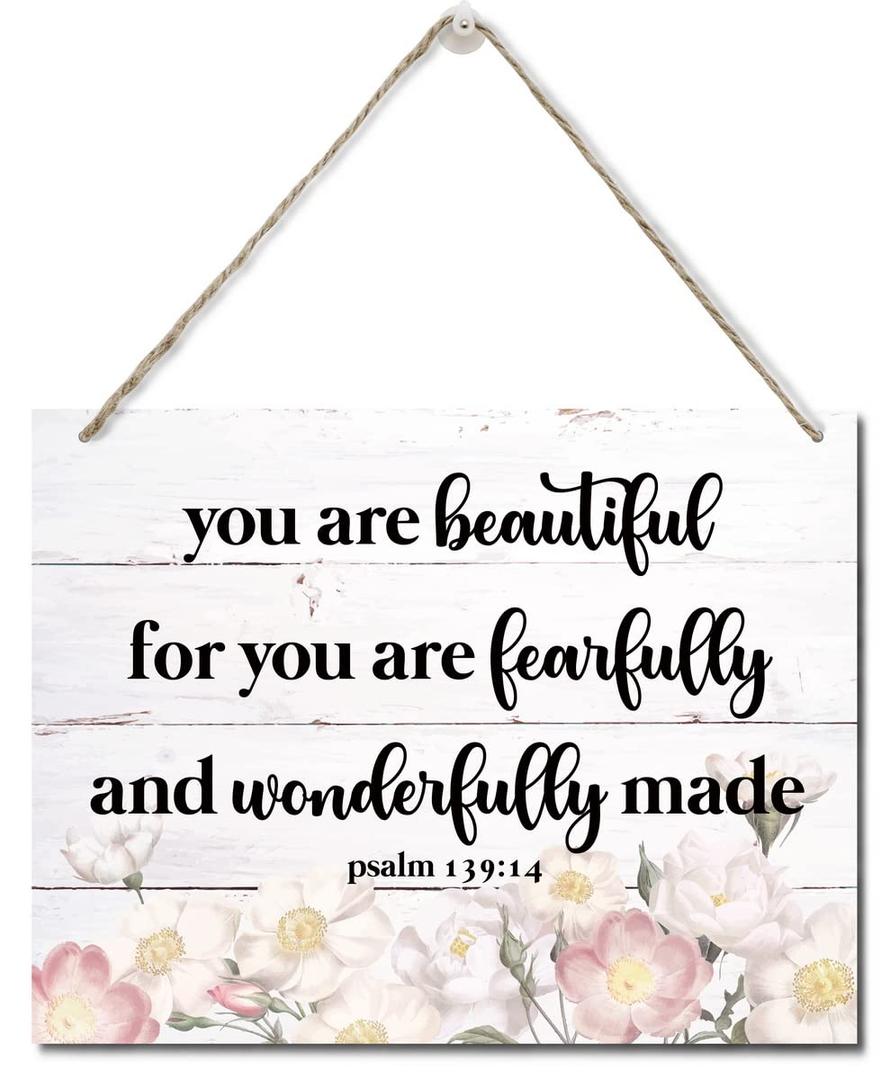 Bible Verse Printed Wood Plaque Sign Wall Hanging, Home Wall Decor You Are Fearfully & Wonderfully Made Scripture Rustic Hanging Wall Plaque Wood Signs, Psalm 139:14 Christian Sign