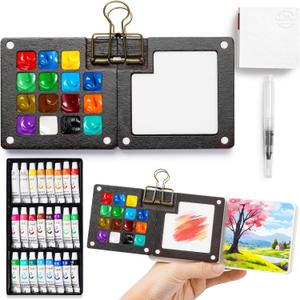 Mini Watercolor Paint Set, 24 Colors Portable Pocket Watercolour Travel Kit with 15 Grid Wood Paint Palette, Sketchbook, Metal Clip, Water Brush for Painters Artists Students