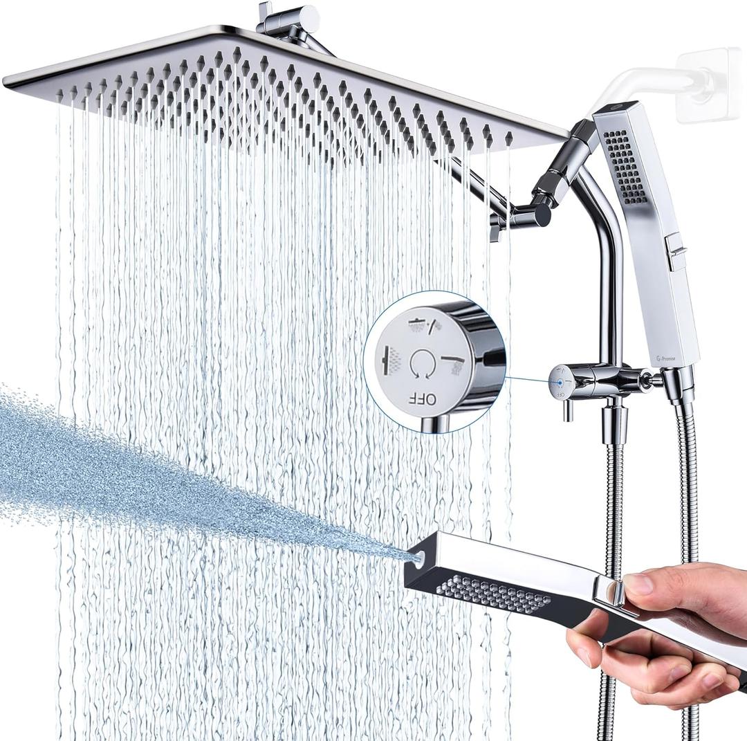 G-Promise All Metal 12 Inches Rain Shower Head with Handheld Built-in Power Wash Mode, 3-way Diverter with Pause Setting, 11 Inches Adjustable Extension Arm with Lock Joint, Long Hose (Chrome)