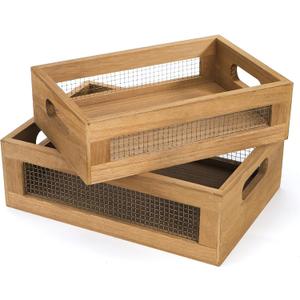 Dicunoy Set of 2 Decorative Wooden Crates, Rustic Countertop Nesting Basket with Handle, Antique Small Storage Containers for Fruit, Veggies, Kitchen, Bathroom, Shelf, Pantry, Gift Basket